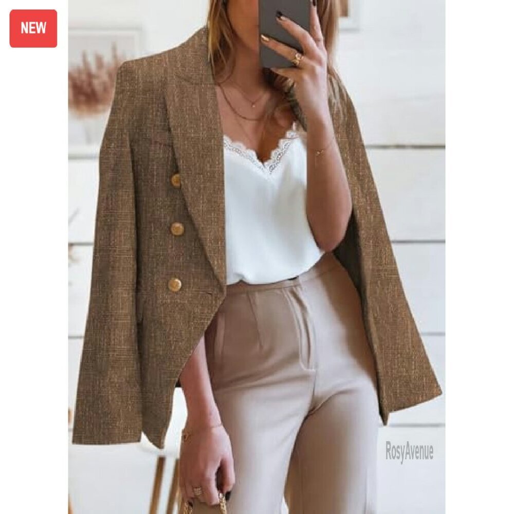 Tweed Blazer Double Breasted Long Sleeve Open Front Work Office - Picture 3 of 8